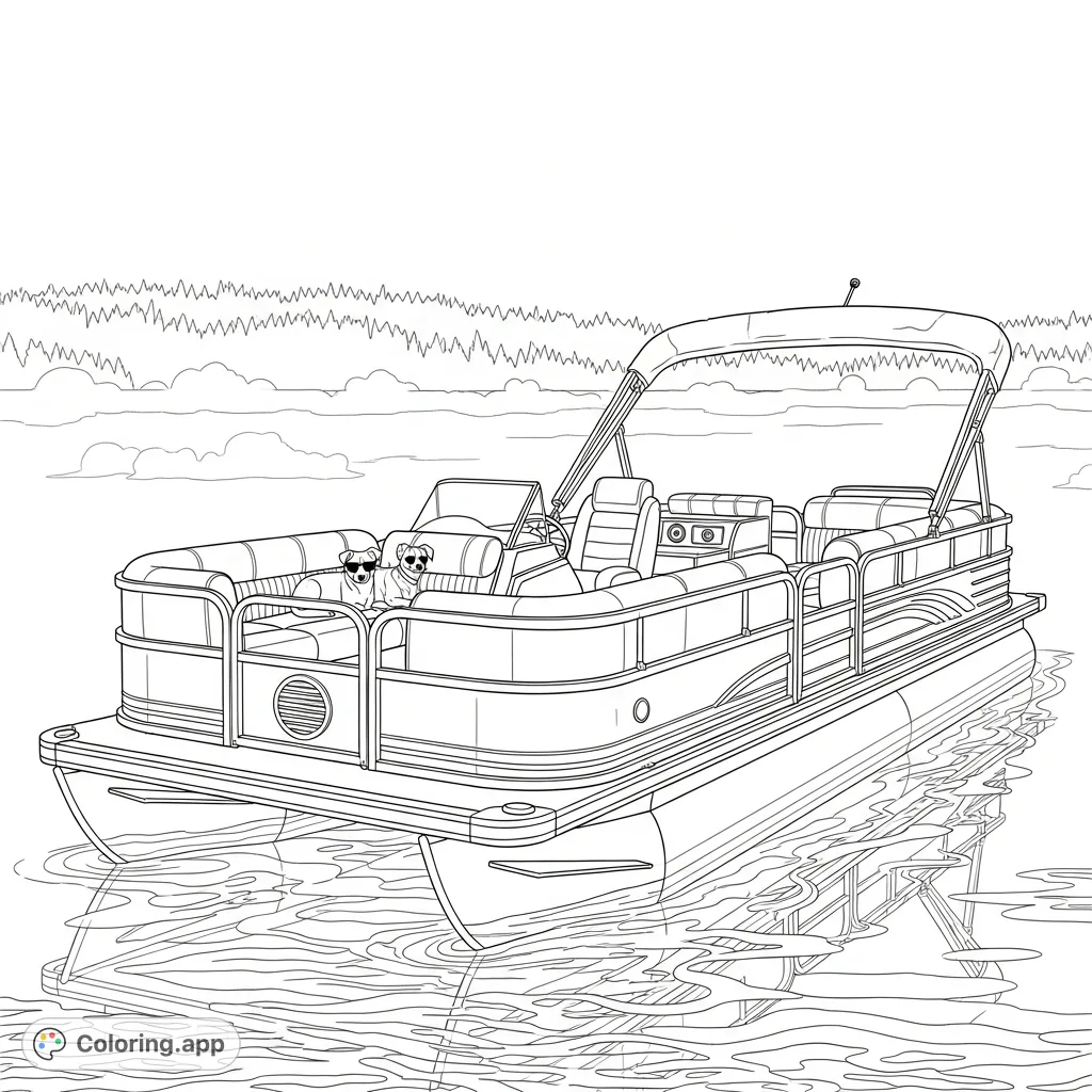 Capture the tranquility of a retro pontoon boat floating on a misty, glassy lake at dawn. Polished chrome and vintage upholstery details await your colors.