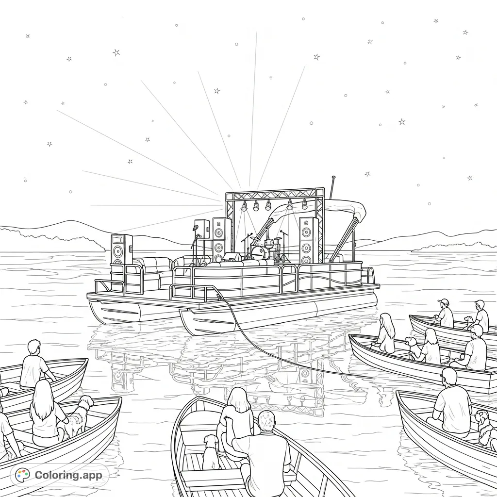 Immerse yourself in a serene river concert scene featuring a pontoon stage, gathered boats, and a sparkling starry sky. A unique musical journey awaits your creative touch.