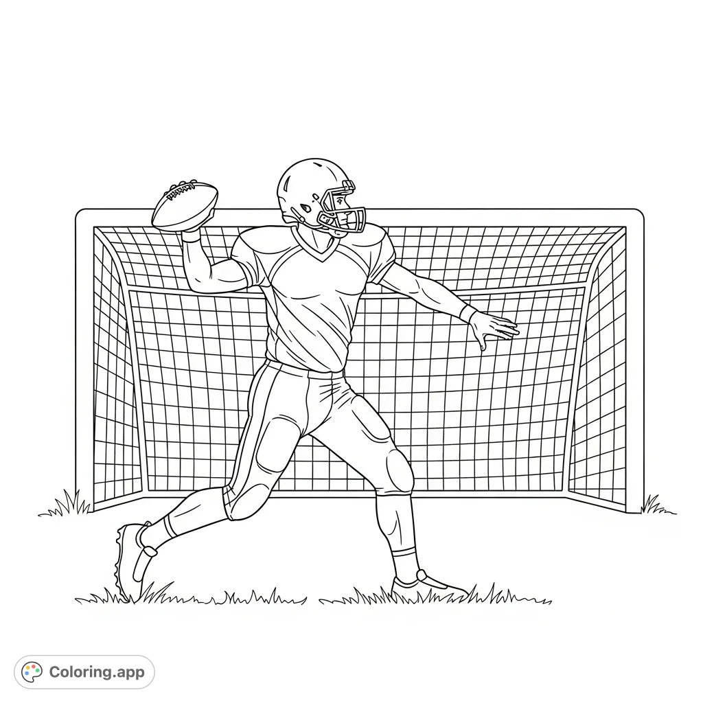 A dynamic football player is captured running and throwing near a goal. This action-packed scene is a perfect free printable football coloring page for sports fans.