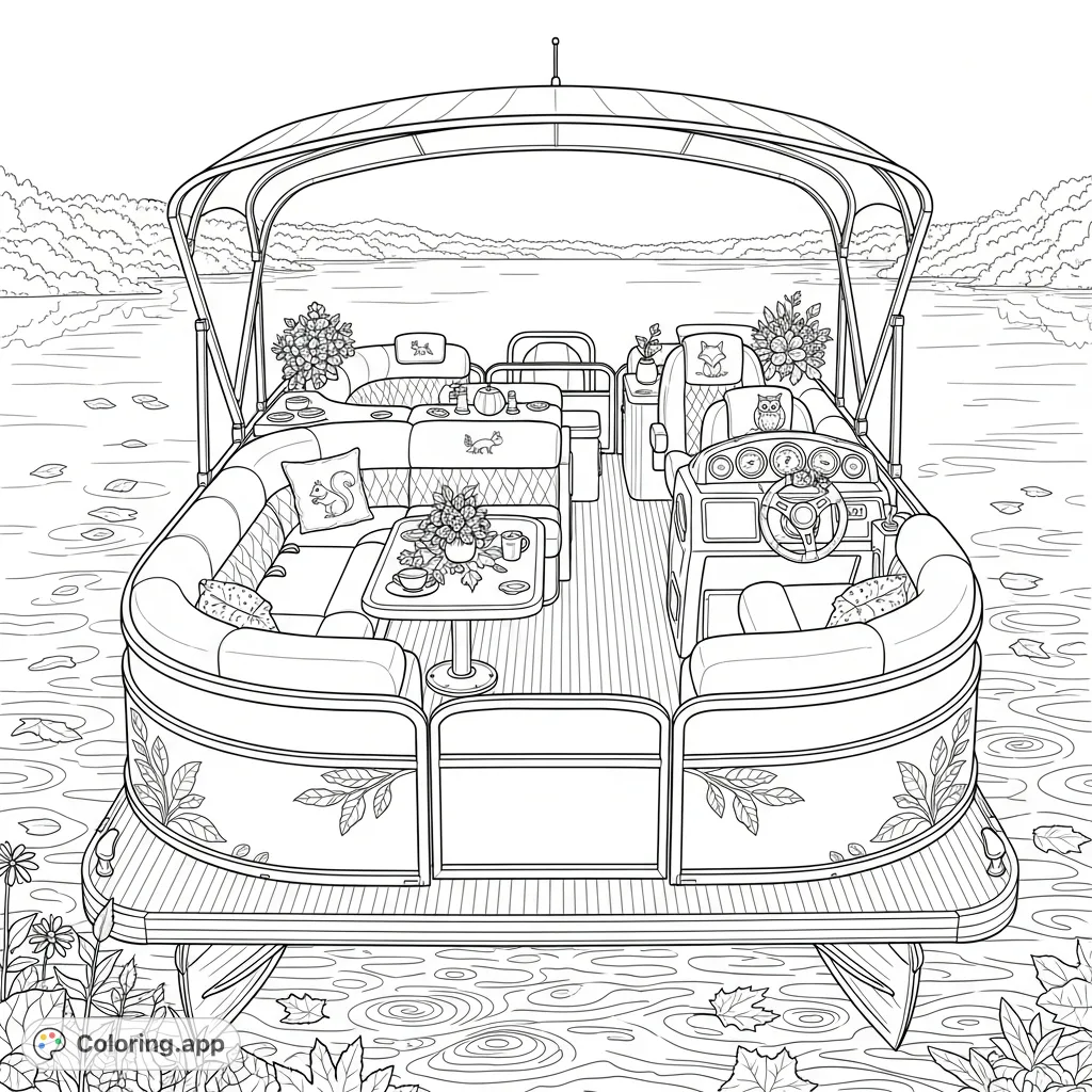 Discover a cool pontoon boat on calm waters with spacious seating and a stylish canopy. Perfect for relaxation and creative coloring.