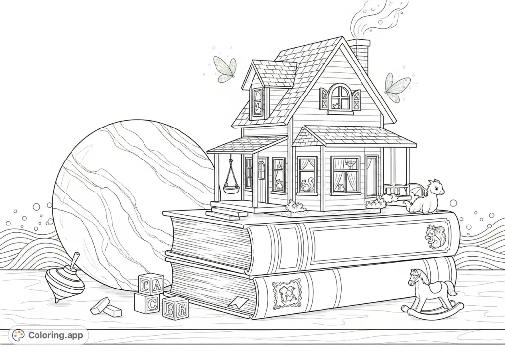 A charming toy house perched on giant storybooks, with a tiny porch swing and a colossal marble. A whimsical scene for imaginative coloring adventures.
