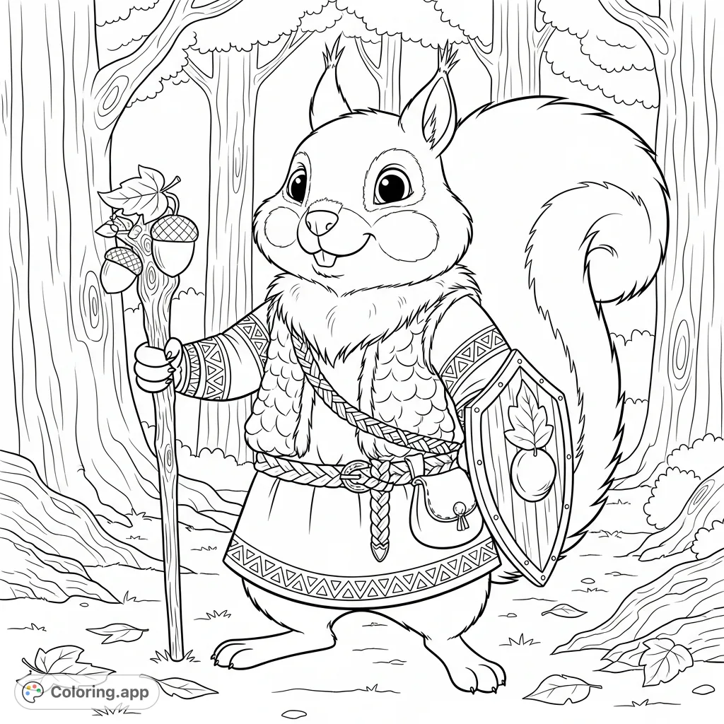 An endearing cartoon squirrel, dressed in detailed Nordic attire, embodies a D&D character, poised for adventure. A charming free printable coloring page!