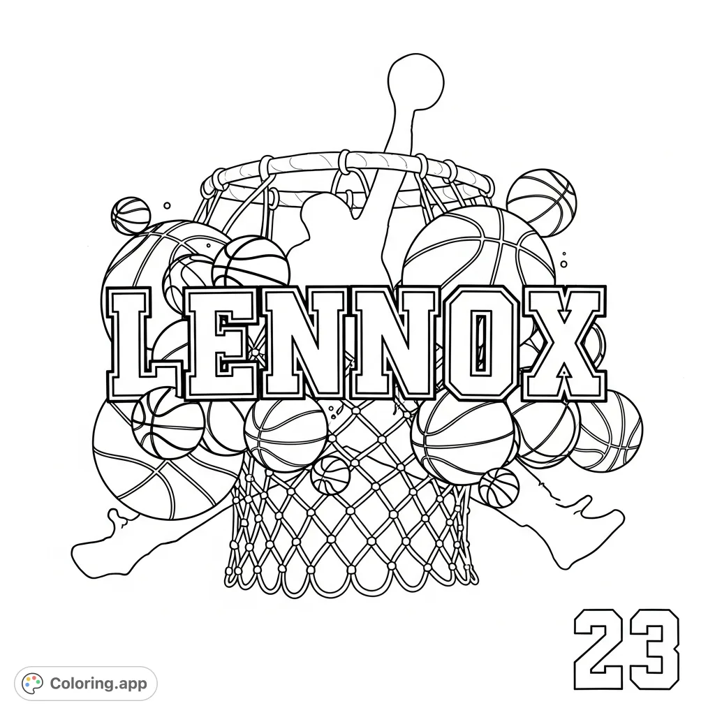 A dynamic basketball coloring page featuring the name 'LENNOX', basketballs, a net, Michael Jordan's jersey number, and the iconic Jumpman symbol.