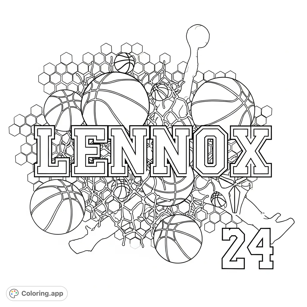 A dynamic basketball coloring page featuring the name LENNOX in bold, surrounded by basketballs, a detailed net mesh, Kobe Bryant's jersey number, and a Jordan Jumpman.
