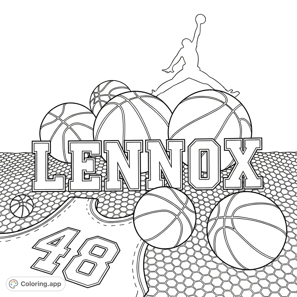 A dynamic LENNOX basketball tribute featuring bold lettering, multiple basketballs, a detailed net, a classic jersey number, and an iconic Jordan symbol.