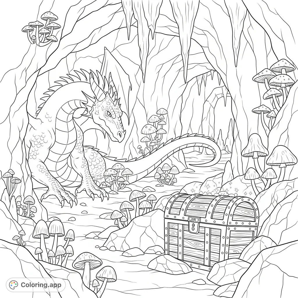 Explore a mystical fantasy dragon coloring page depicting a powerful dragon in its cave, surrounded by glowing mushrooms and a hidden treasure chest.