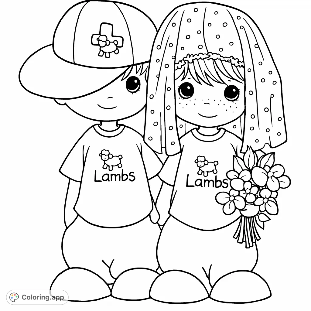Adorable duo coloring page featuring two charming figures, one with a baseball cap and the other with a veil and floral bouquet, both with lamb graphics.