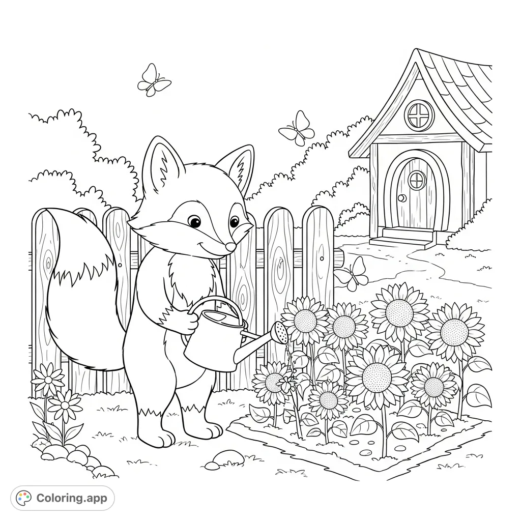 A delightful fox coloring page featuring a cheerful fox watering sunflowers in a charming garden, complete with butterflies and a cozy cottage backdrop.