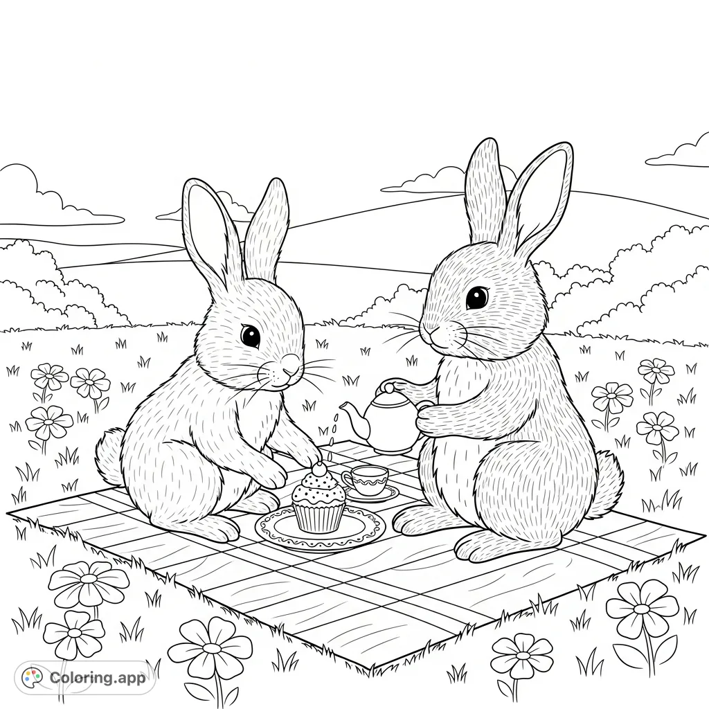 Two friendly rabbits enjoy a charming outdoor tea party, complete with cupcakes and a teapot, set against a peaceful hillside backdrop. A delightful nature scene for coloring.