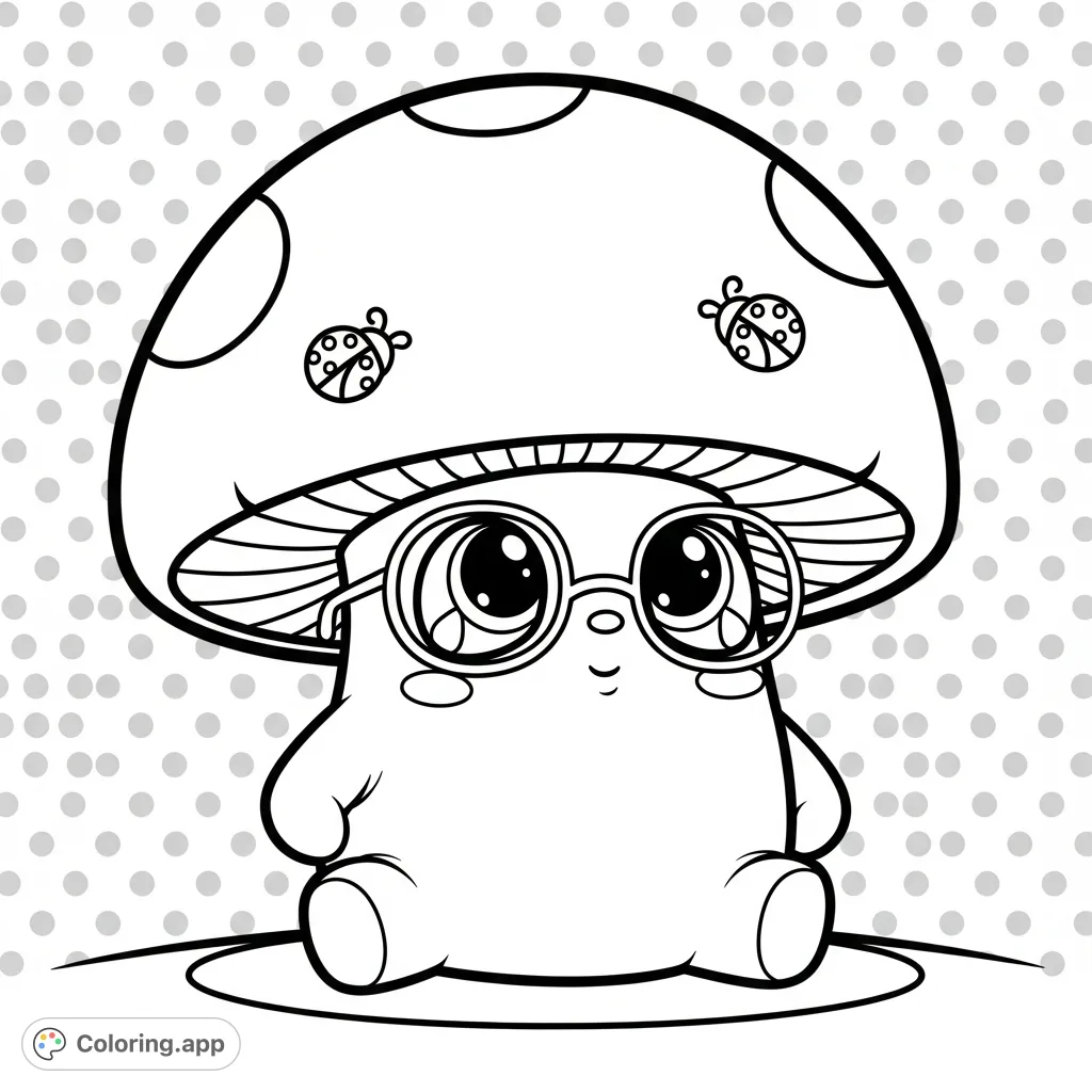 A delightful mushroom character with a domed cap, sturdy stem, large tear-drop eyes, and a gentle smile, featuring two decorative spots.
