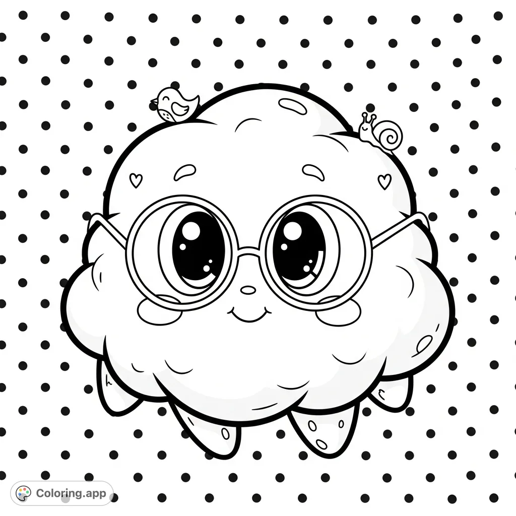 A delightful fluffy cloud character floats weightlessly, with huge innocent eyes and a tiny smile, offering a simple and charming coloring experience.