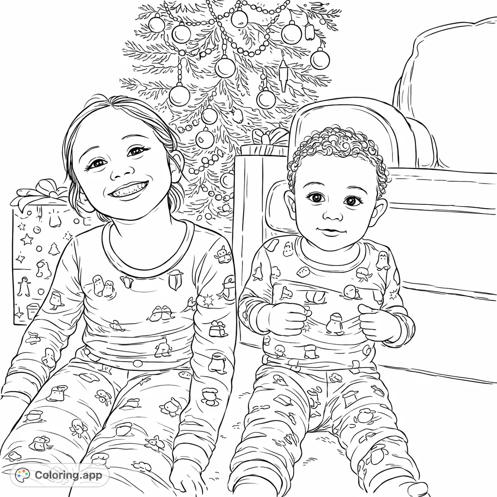 Capture the warmth of family holidays with this charming coloring page featuring two children in festive pajamas by a decorated tree and presents. Perfect for seasonal joy!