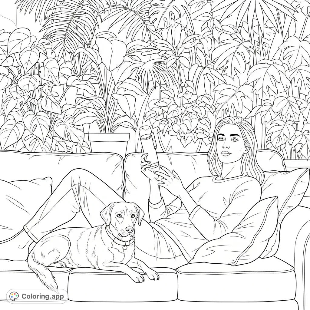 A tranquil scene featuring a woman relaxing on a couch with her dog, surrounded by lush indoor plants, offering a calming and detailed coloring experience.