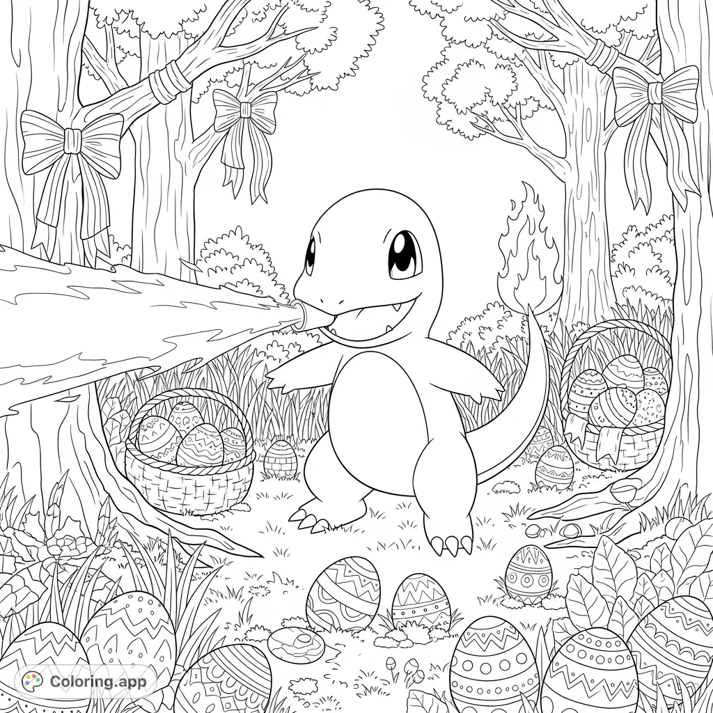 A dynamic Charmander unleashes its flamethrower in an Easter-themed forest, surrounded by decorative eggs and festive foliage, perfect for a fun coloring page.