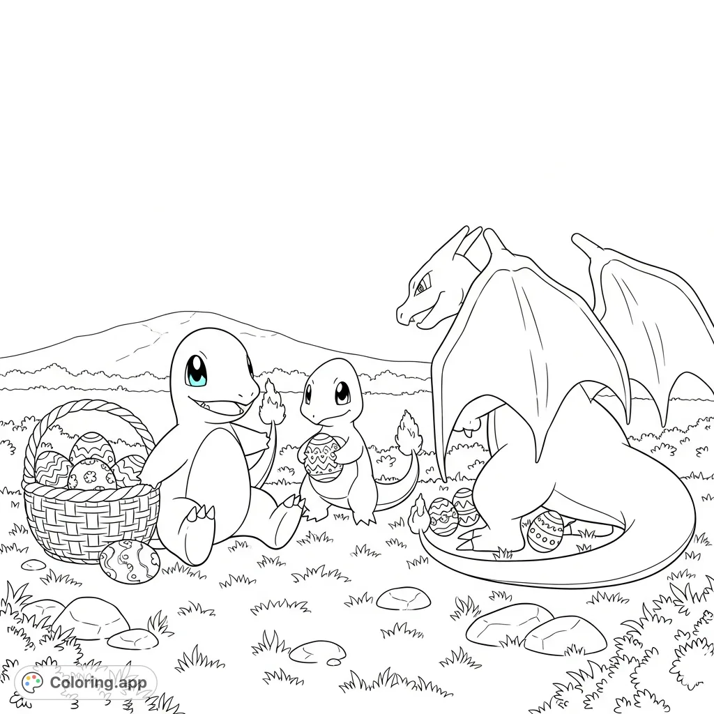 A delightful Easter Pokémon coloring page featuring Charmander, Charmeleon, and Charizard surrounded by an Easter basket and eggs.