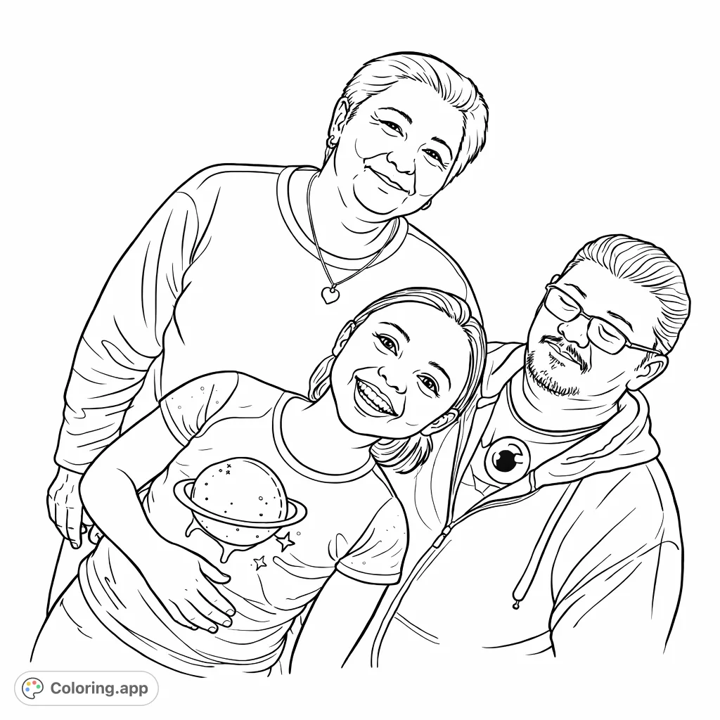 A heartwarming generational family portrait perfect for coloring, featuring three smiling family members. Celebrate love and togetherness with this free printable coloring page.