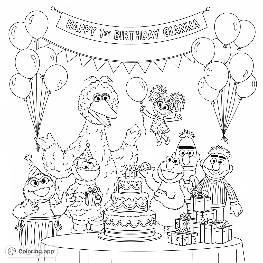 Join Elmo, Big Bird, and friends for Gianna's 1st birthday! A joyful Sesame Street party scene with cake, balloons, and beloved characters.