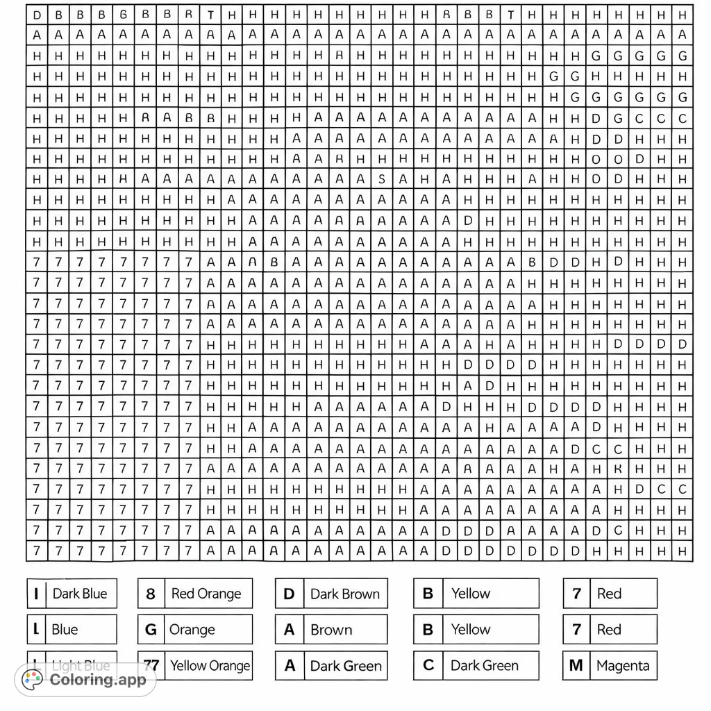 Embark on a pixel art adventure with this numbered grid coloring page. Follow the character guide to reveal a hidden image, perfect for all ages.