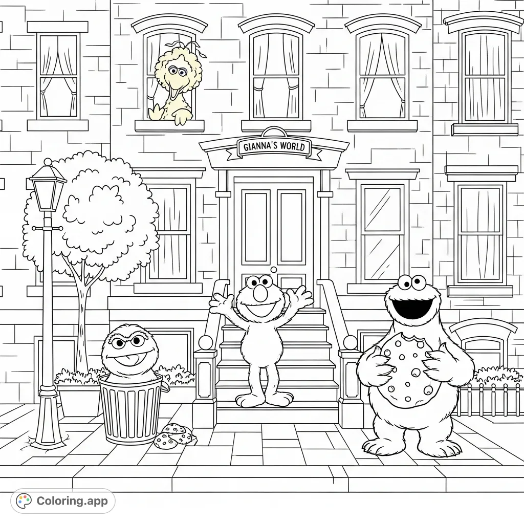 Explore Gianna's whimsical world, reimagined in Sesame Street style! Features Elmo, Big Bird, and friends amidst a familiar urban landscape, ready for vibrant colors.