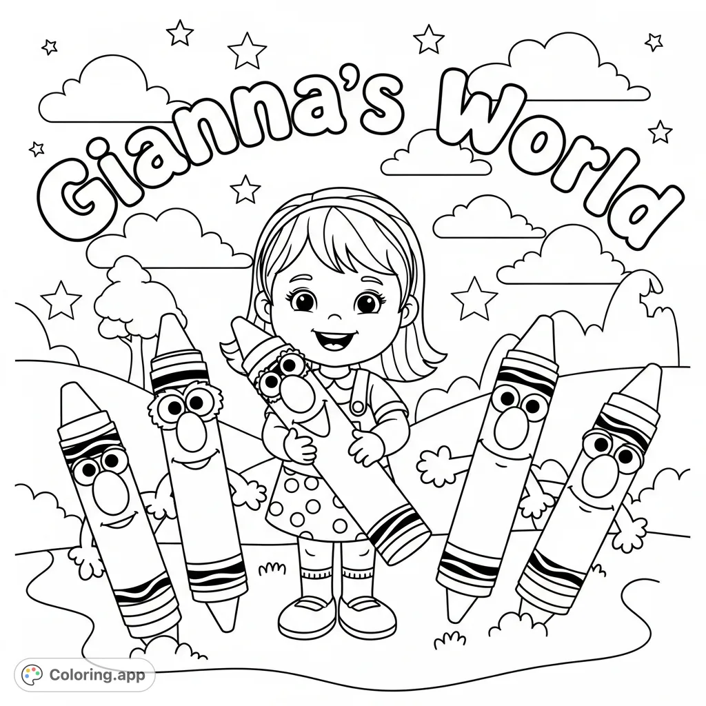 Explore Gianna's imaginative world filled with playful Elmo-style crayons and cheerful lettering in this delightful, free printable coloring page for kids!