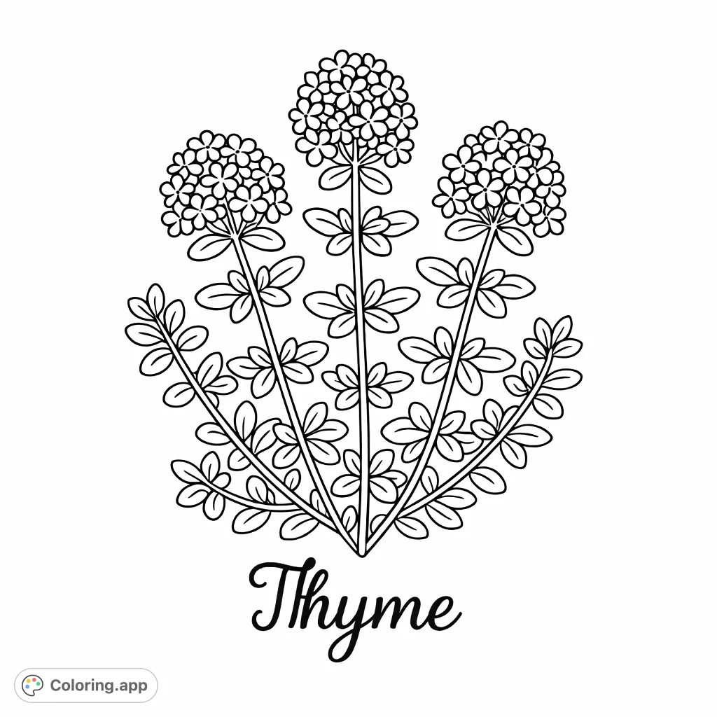 Color this intricate flowering thyme herb plant. Perfect for nature lovers and botanical enthusiasts, featuring delicate leaves and charming flower clusters.