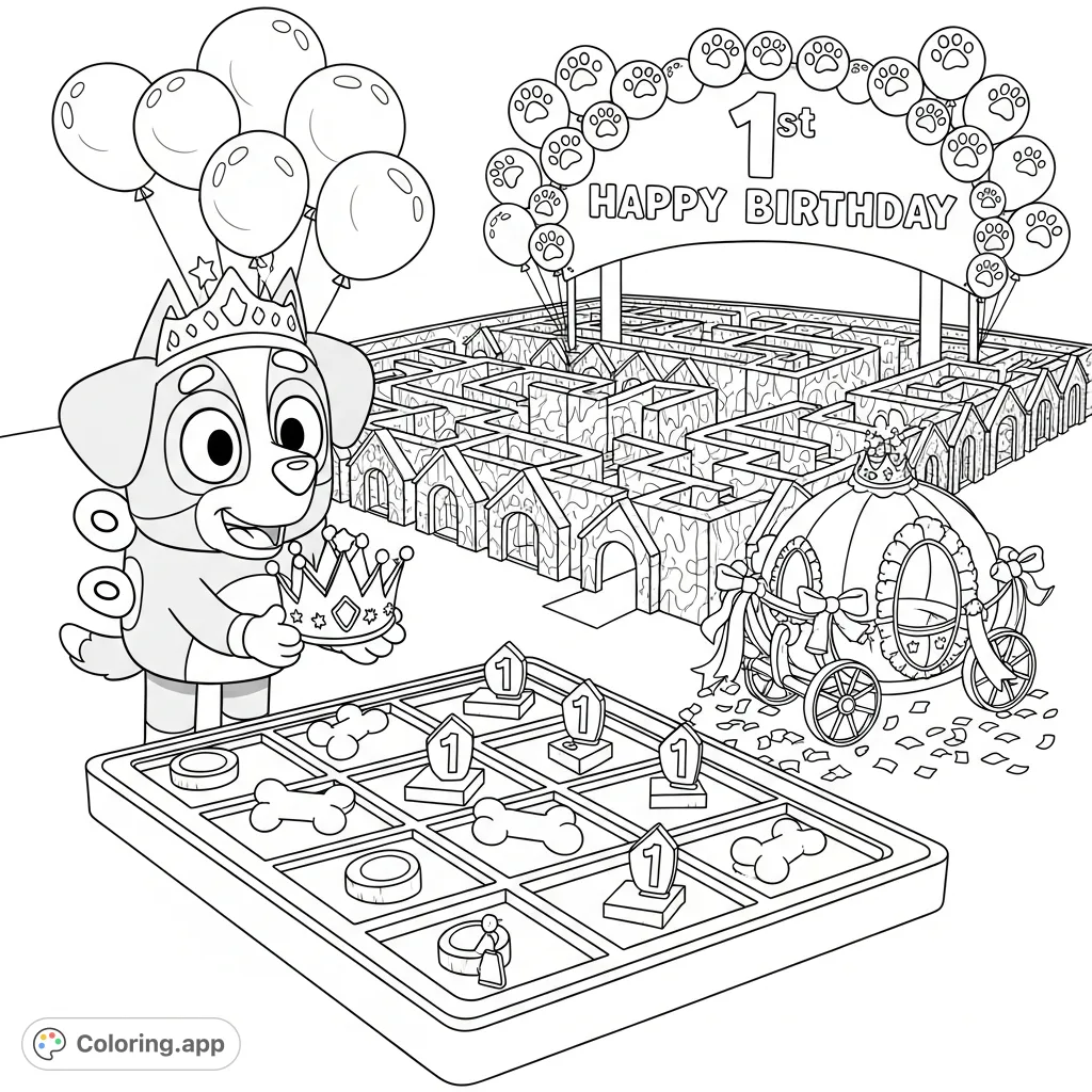 Celebrate Bingo's 1st birthday with this fun coloring page! Featuring Bingo, a tic-tac-toe board, a "Happy 1st Birthday" sign, maze, and carriage.
