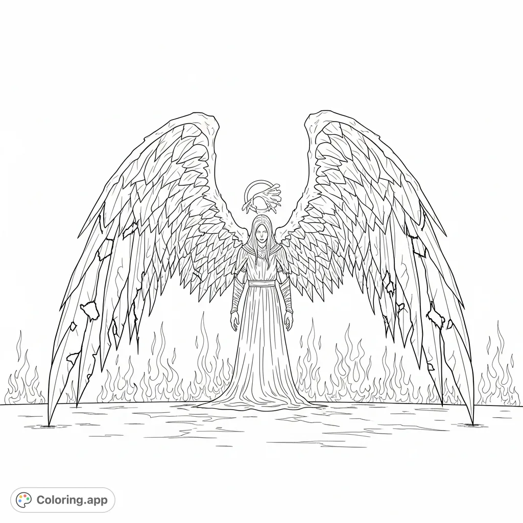 A powerful fallen angel with broken wings and a subtle halo, surrounded by flickering flames and deep shadows. A compelling scene for reflection.
