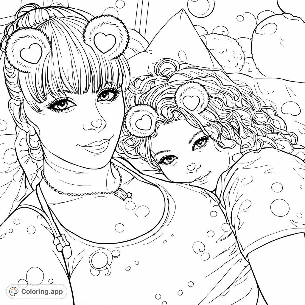 A heartwarming mother and child embrace, enhanced with playful bear ear and nose filters, perfect for a special bond coloring page.