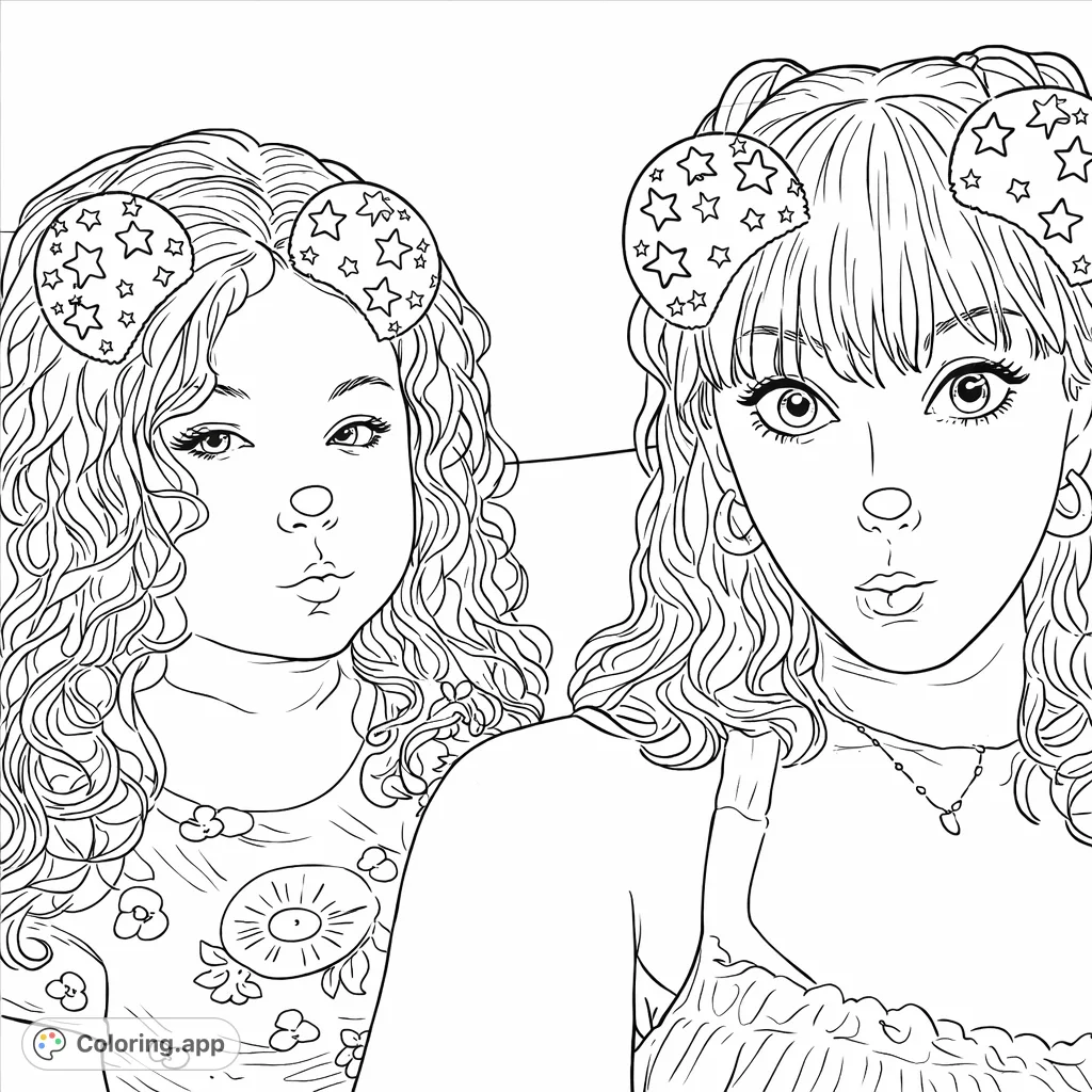 A delightful coloring page featuring an adult and child with fun, star-patterned ears and nose filter, perfect for family bonding and creative expression.