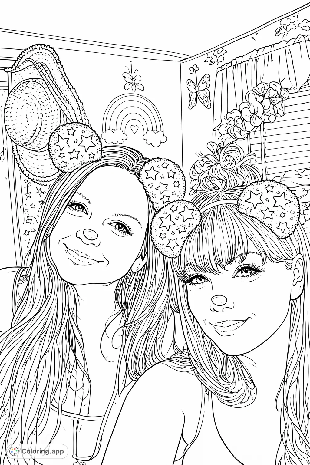 Two friends with star-patterned ear headbands smile playfully amidst a whimsical background. Features fun details for creative coloring enjoyment.