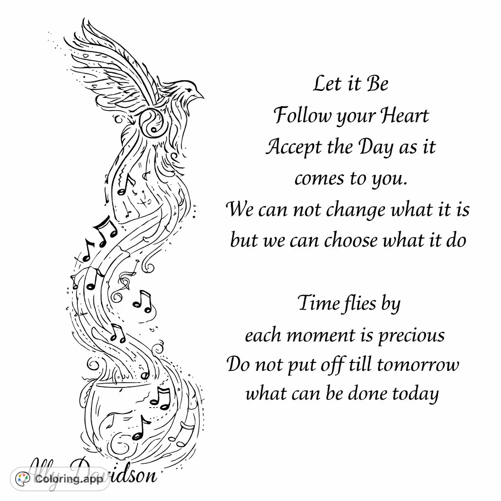 A serene musical bird crafted from notes and staffs, with a flowing stream of melodies cascading into a glass. A harmonious design perfect for mindful coloring.