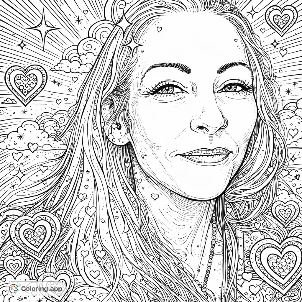 A surreal vintage portrait coloring page featuring a woman with flowing hair, adorned with decorative hearts and a radiating background for a dreamlike experience.