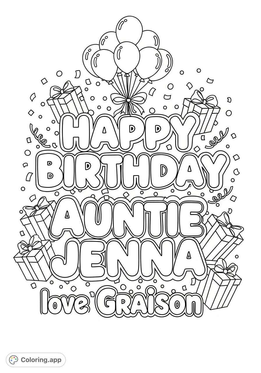 A festive free printable birthday coloring page featuring "Happy Birthday Auntie Jenna love Graison" in charming bubble letters, surrounded by celebratory elements.