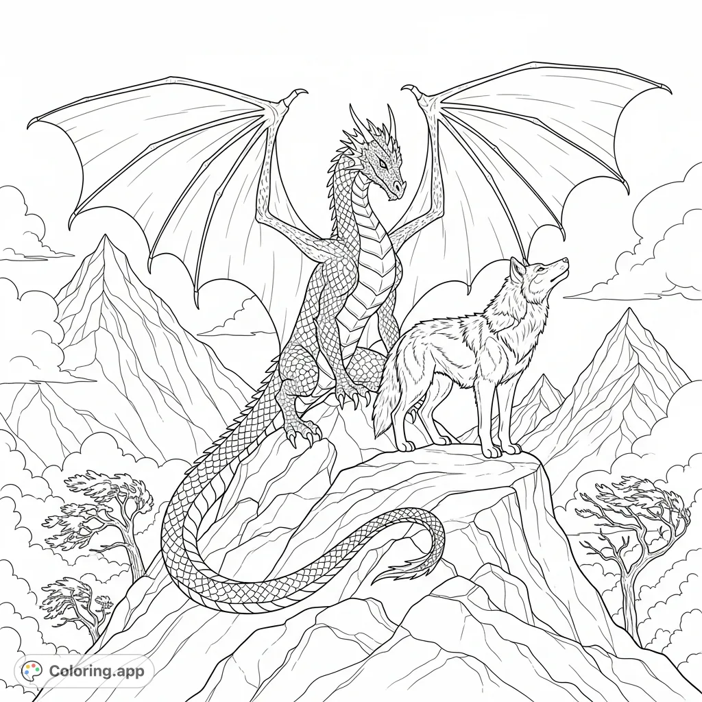 Unite mythical beasts with this intricate dragon and wolf coloring page. A majestic dragon and a noble wolf on a mountain peak, perfect for fantasy fans.