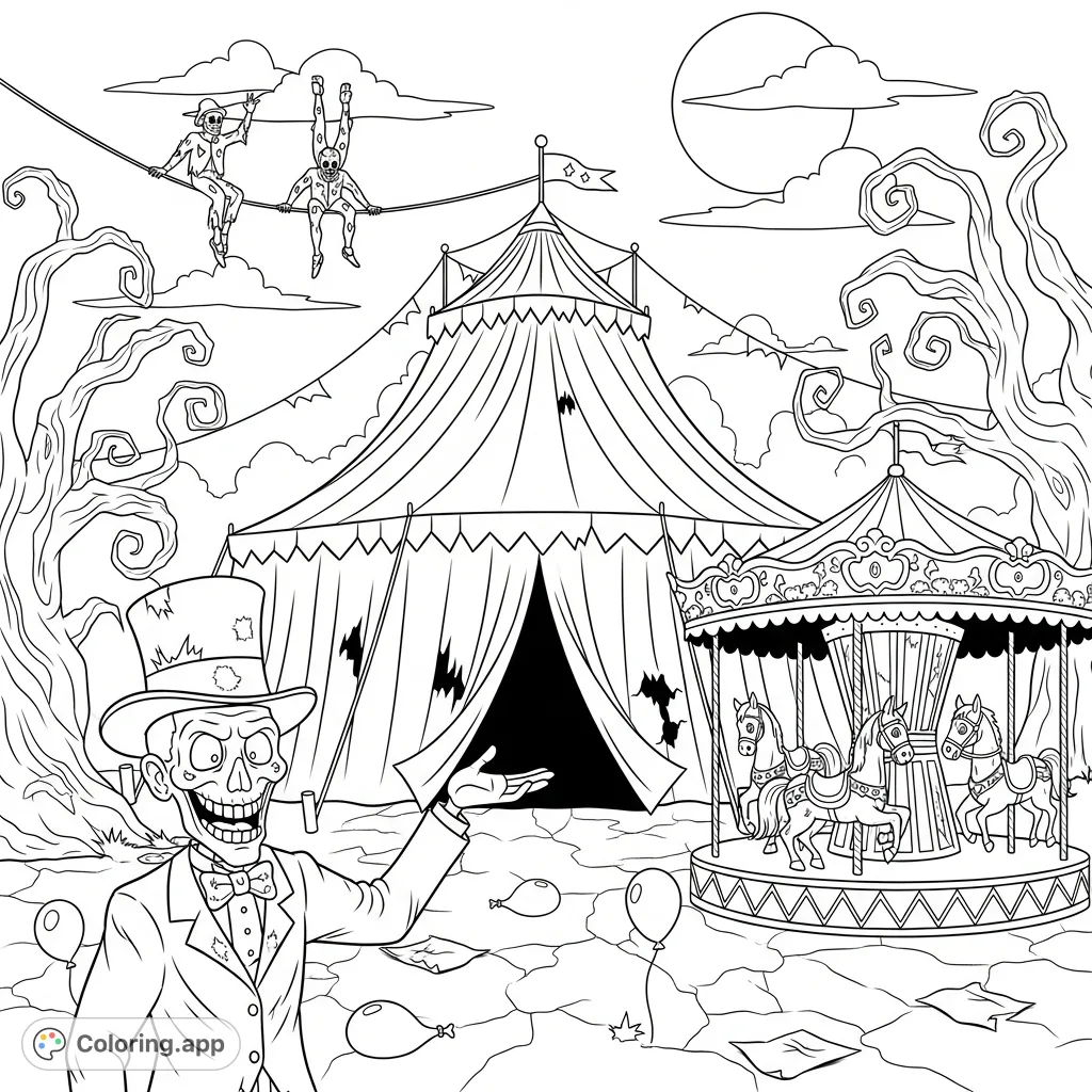 Step into a mysterious dark circus with a skeletal ringmaster, derelict carousel, and shadowy acrobats. A captivating, free printable coloring page.