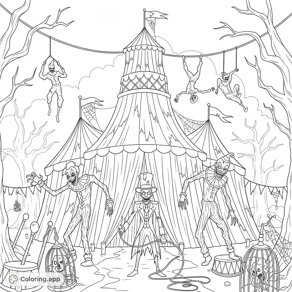 Unleash your creativity with this terrifying dark circus coloring page, featuring twisted clowns, a gaunt ringmaster, and a decaying tent.