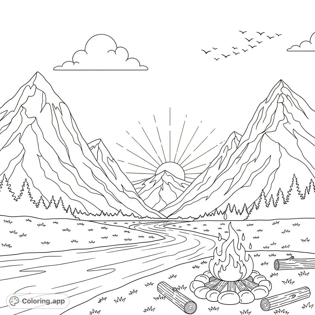 Experience a peaceful mountain landscape featuring snow-capped peaks, a winding river, and a cozy campfire. A tranquil scene for creative coloring.