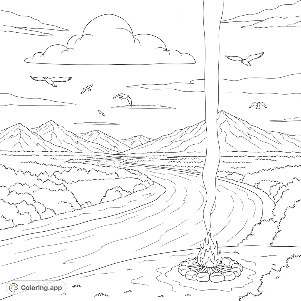 Discover a tranquil nature scene featuring a winding river, majestic mountains, and a cozy campfire. Perfect for unwinding and creating a peaceful landscape.