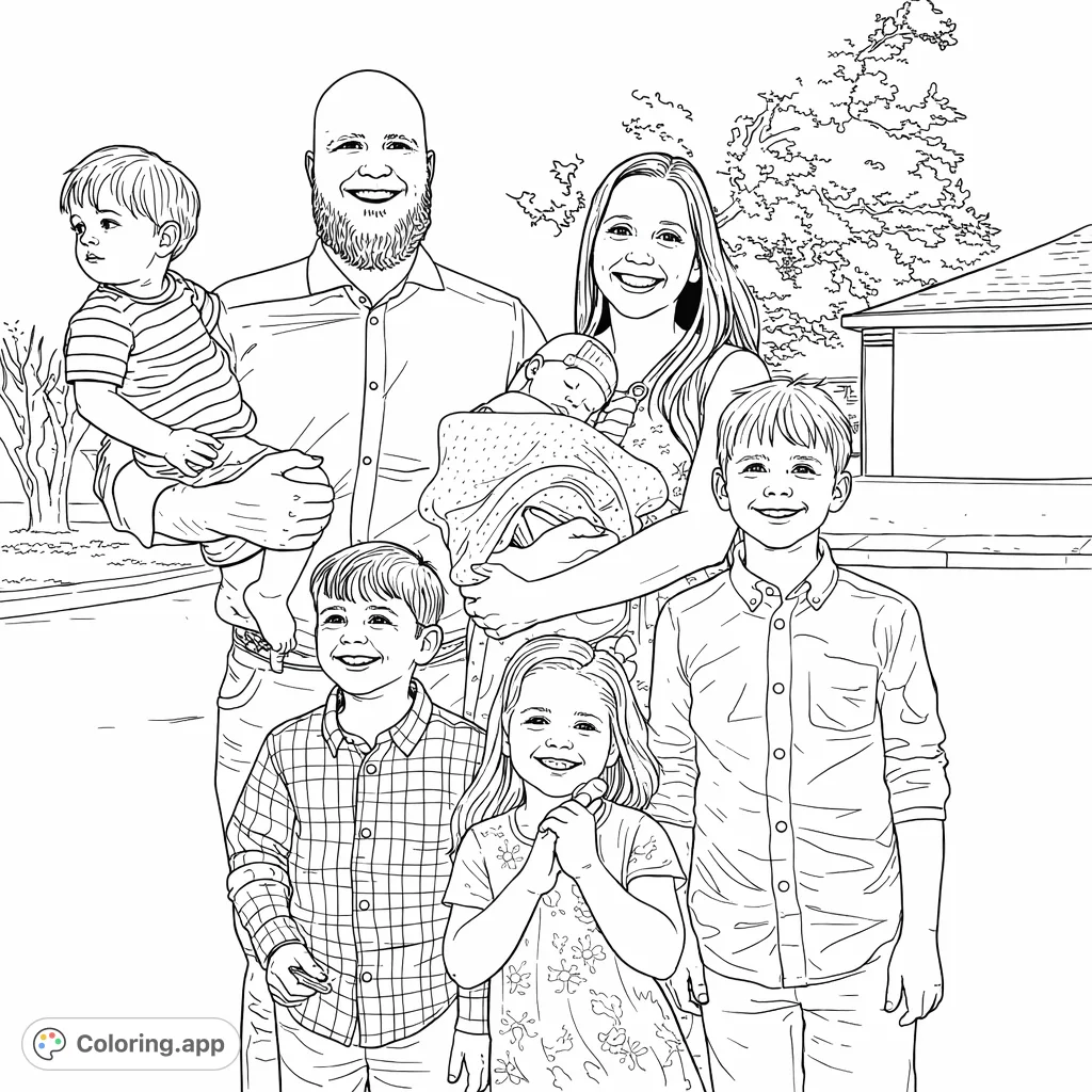 Capture the warmth of a loving family with six members, from infant to older child, posing together. A heartwarming family coloring page for all ages.
