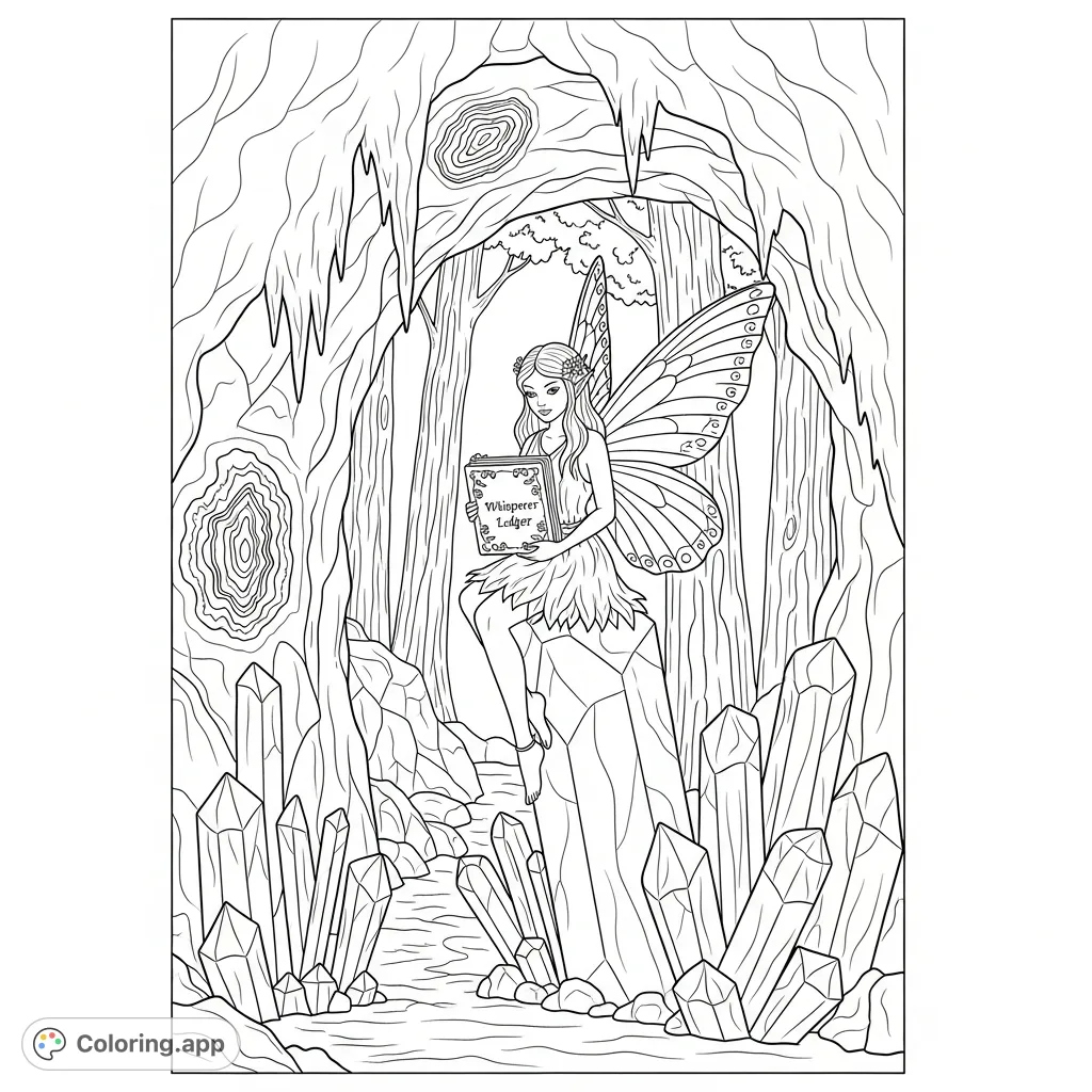 Discover a delicate fairy with her whisperer ledger inside a shimmering crystal cave, nestled within an enchanted forest. A magical scene to bring to life.