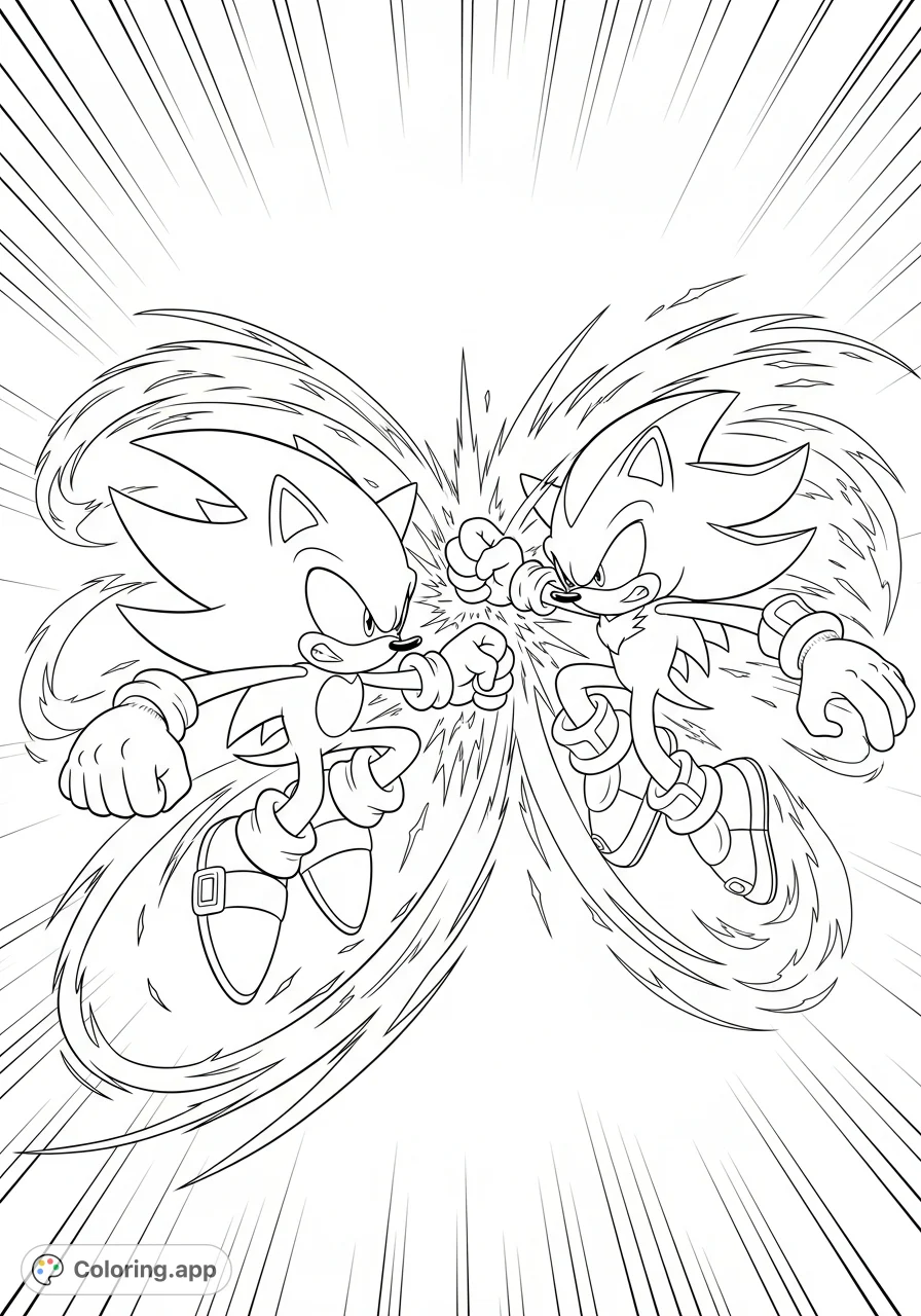 Witness an epic clash! Hyper Sonic and Super Shadow in a dynamic, action-packed fight scene, surrounded by energy and motion lines. A thrilling adventure!