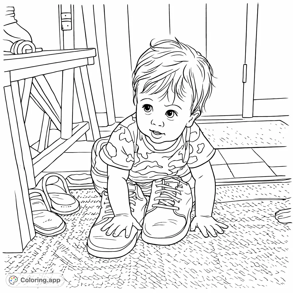 A heartwarming baby coloring page featuring a curious child exploring oversized shoes on a patterned rug. Perfect for family fun and creative expression.