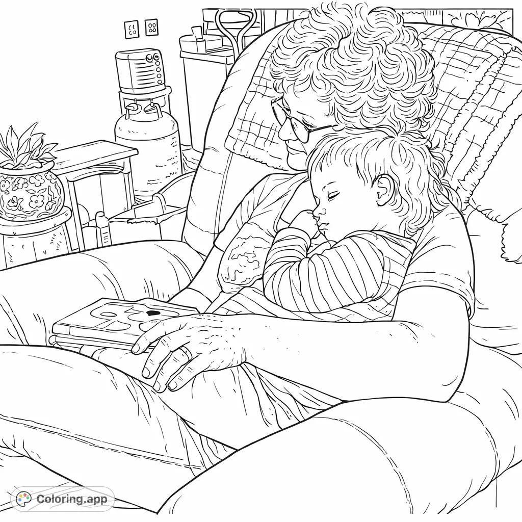 A heartwarming grandparent and child moment, snuggled together in an armchair with a storybook. A sweet scene perfect for capturing cherished family memories.