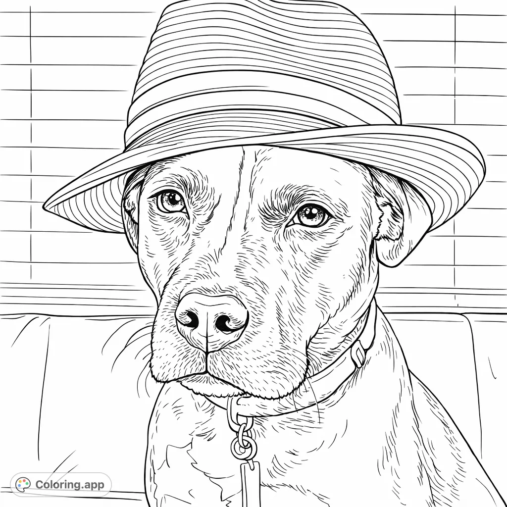 A charming dog in a fedora, featuring textured hat details and distinct facial markings. Perfect for animal lovers and dog enthusiasts.