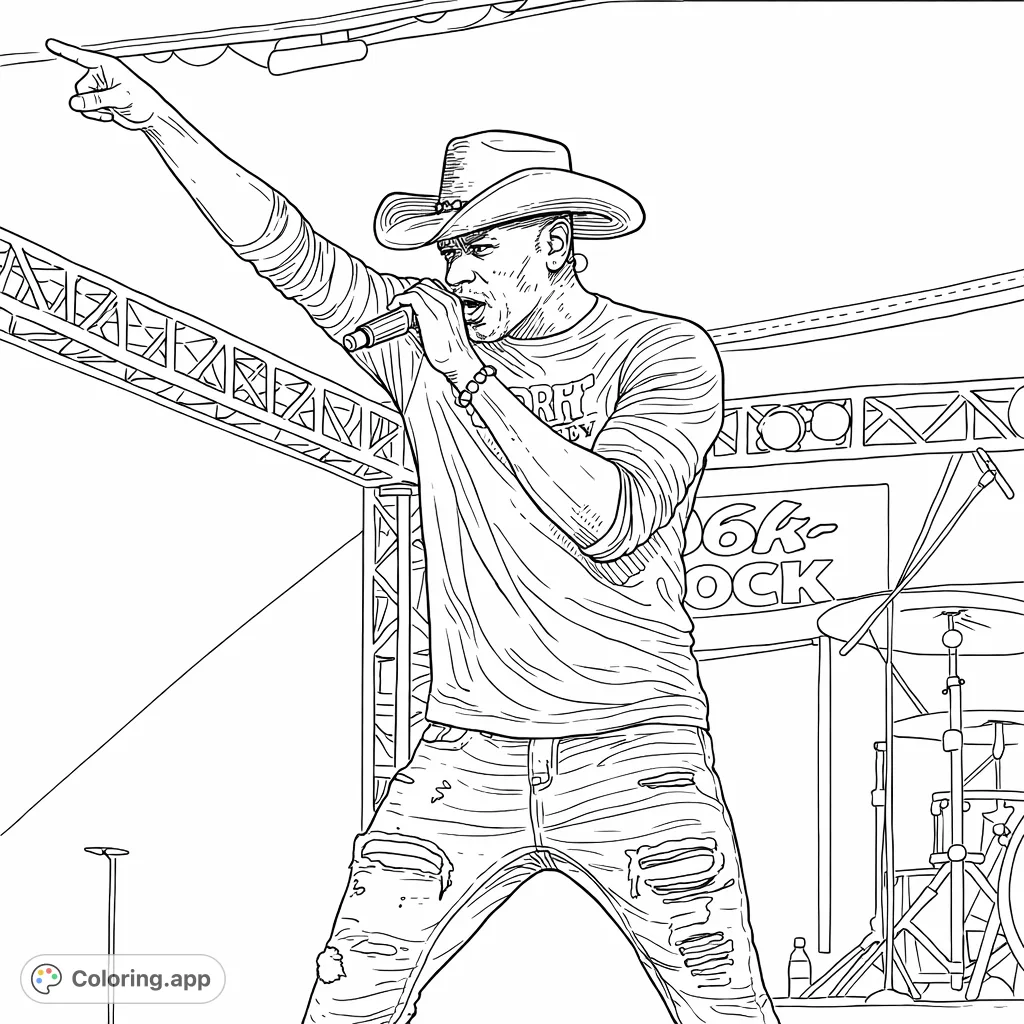 A dynamic male singer in a cowboy hat performs live on stage, microphone in hand, arm raised. Perfect for music enthusiasts.