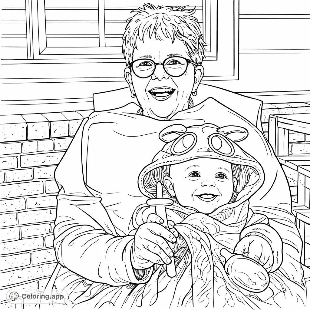 A heartwarming free printable grandparent and baby coloring page, featuring a joyous duo in playful costumes, perfect for family fun and creative expression.