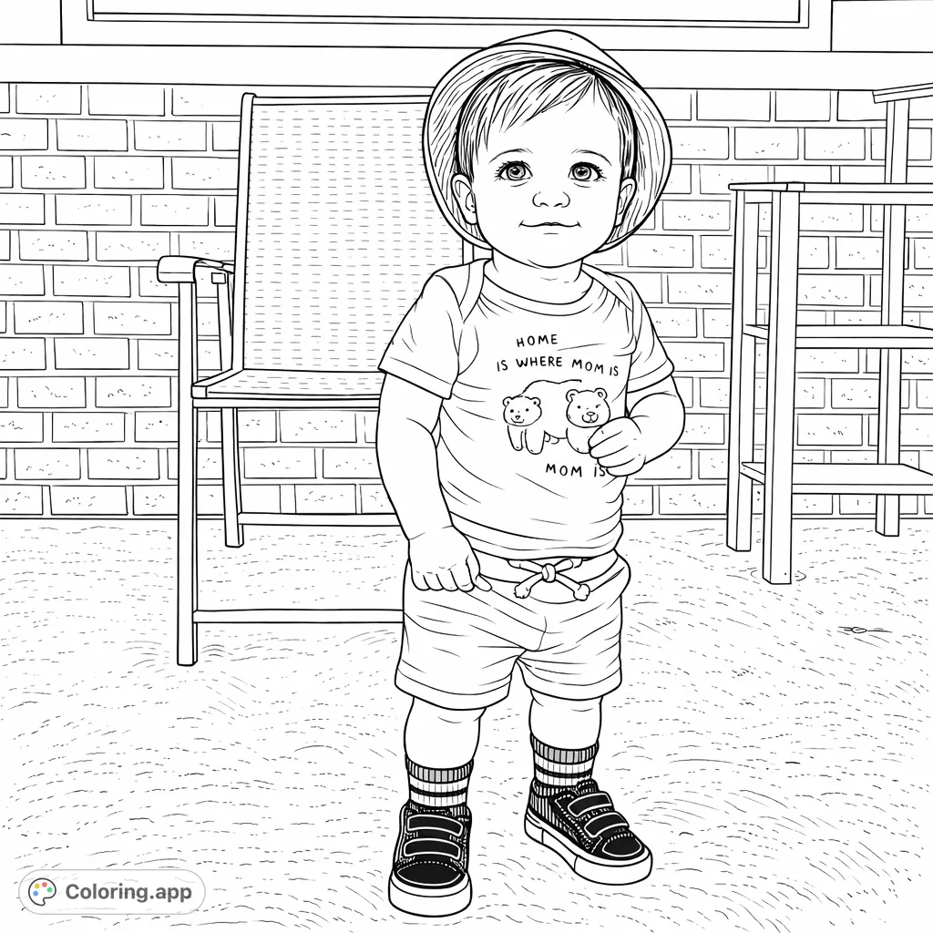 A delightful toddler stands smiling, wearing a hat, onesie, shorts, and sneakers. A cute and engaging baby coloring page for endless creative fun.