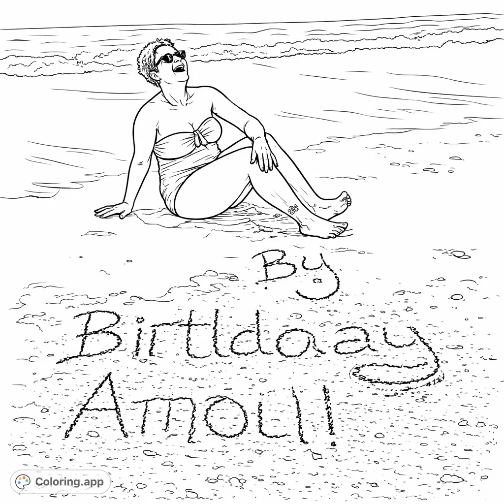 A cheerful person celebrates on a sandy beach, laughing near a "Birthday Amy" message drawn in the sand. Perfect for a relaxing and personal coloring experience.