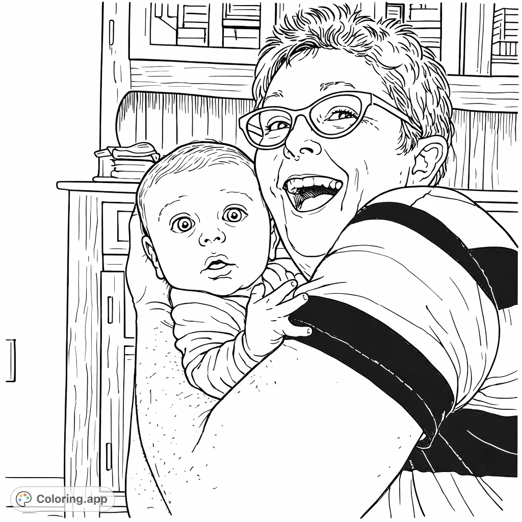 Capture a heartwarming moment of an adult joyfully embracing a curious baby. This delightful family portrait offers intricate details, perfect for all ages.