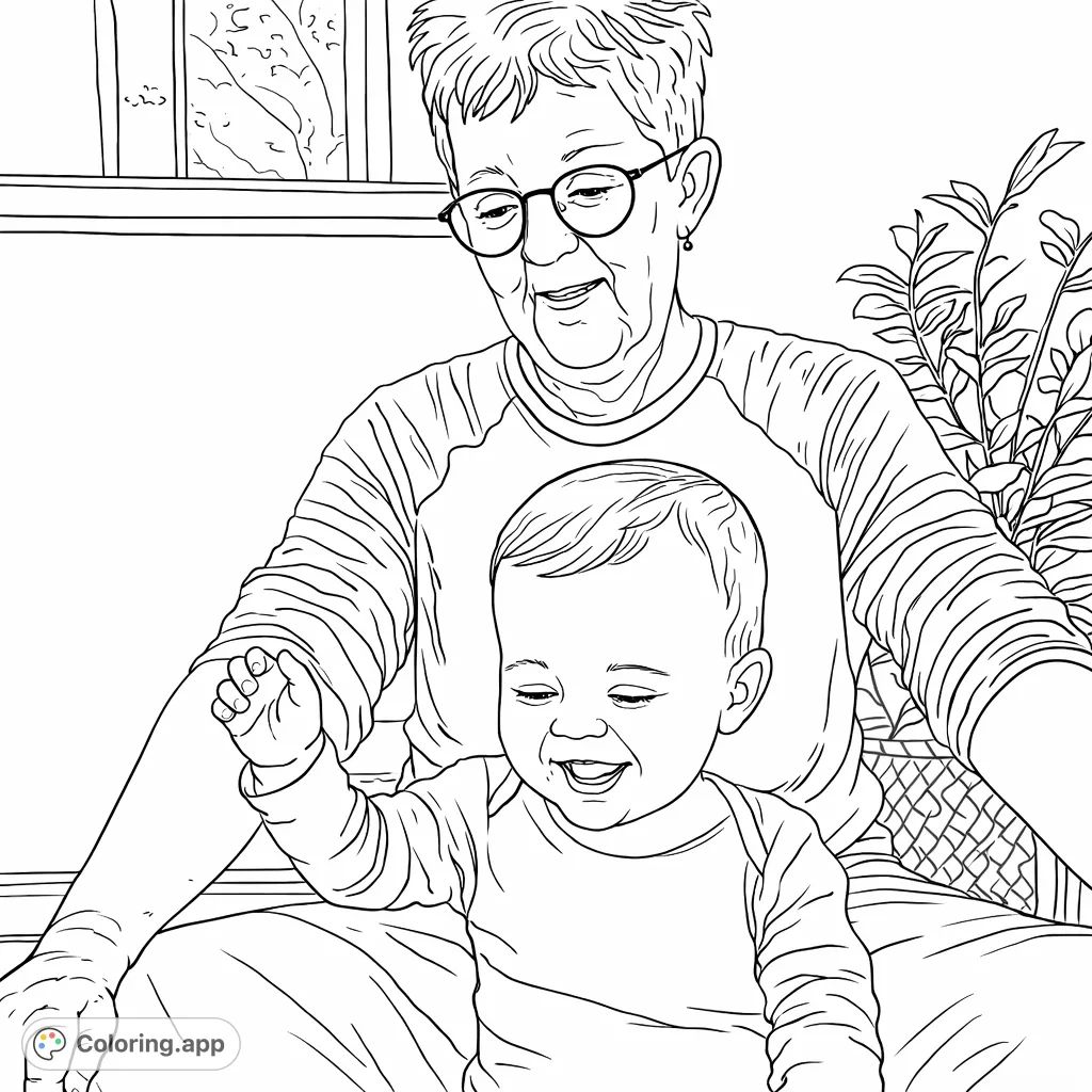 Capture a heartwarming family moment with this joyful grandparent and baby coloring page, perfect for celebrating special bonds and creating cherished memories.
